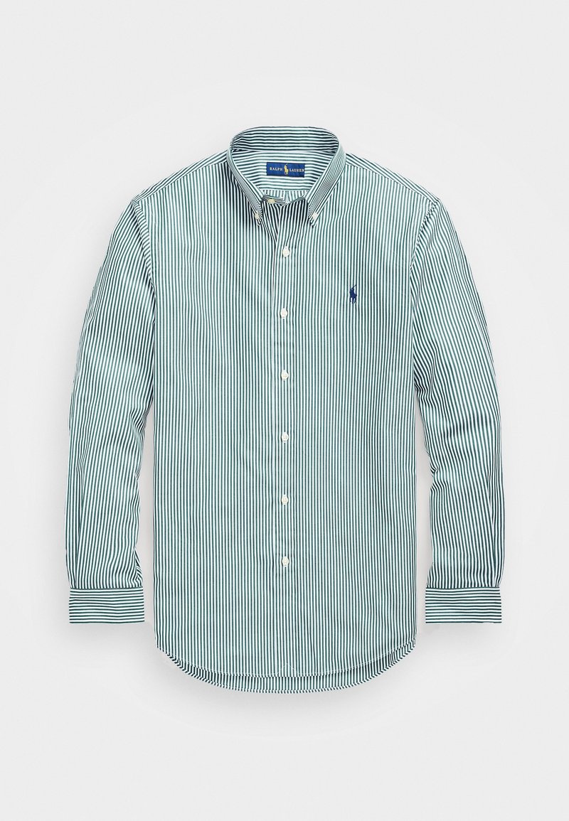 Grün-weiß gestreiftes Langarmhemd mit Knopfleiste und spitzem Kragen. Es hat ein kleines Logo auf der linken Brustseite und Ärmel mit Knöpfen.