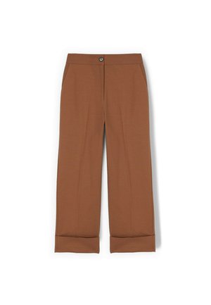 Bruine broek met rechte pijpen, voorzakken, een knoop- en ritssluiting, en omslagboorden, op een witte achtergrond.