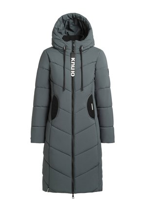 Gray long puffer coat with a hood, featuring a zip closure, chevron quilting, elastic side accents, and a logo along the front.