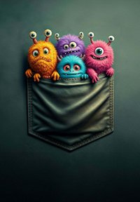Quatre monstres poilus et colorés avec des tentacules oculaires et de grands yeux émergent d'une poche en cuir noir sur un fond sombre.