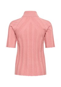 Lyserød ribbet strik turtleneck sweater med korte ærmer og lodrette samt skrå sømmønstre på ryggen.