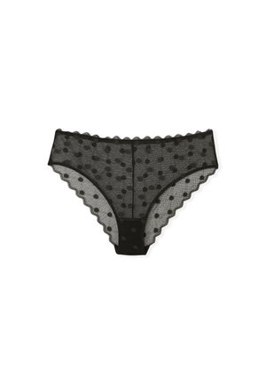 Black sheer lace women's underwear with polka dot pattern and scalloped edges, laid flat on white background.
