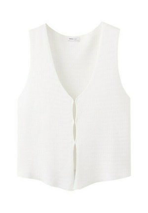 Witte mouwloze gebreide spencer met V-hals en drie knopen aan de voorkant, gemaakt door het merk MNG.