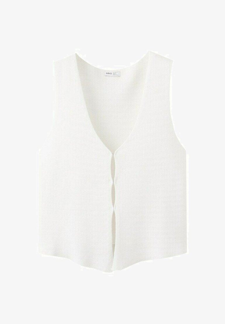 Biely pletený vesta bez rukávov s výstrihom do V a tromi prednými gombíkmi, vyrábaná značkou MNG.