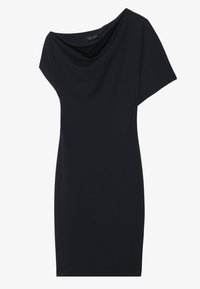 Svart kjole med drapert cowl-hals, korte ermer og tettsittende silhuett. Laget av glatt stoff, med et minimalistisk design.