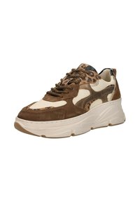 Braune und beige Sneakers mit Akzenten im Leopardenmuster, aus Wildleder und Mesh-Materialien, dicker weißer Sohle und dekorativen Schnürsenkeln. Einzigartiges zeitgenössisches Design.