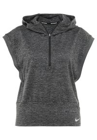 Grå ärmlös hoodie i texturerat tyg, med framdragkedja, justerbar huva och en liten vit logotyp på nedre fållen.