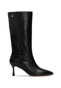 Bottes en cuir noir montantes avec une texture crocodile, bout pointu et talon aiguille avec un discret accent de logo.