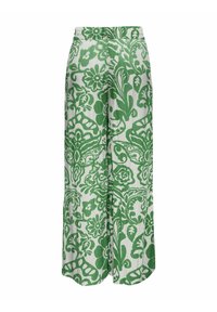 Groene wijde broek met een bloemen- en wijnstokpatroon op een witte achtergrond, met een elastische tailleband en een linnenachtige textuur.