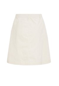 Ljusbeige kjol med en slät textur, en något utställd form, och ett elastiskt midjeband. Har subtila vertikala ränder och inga synliga fickor.