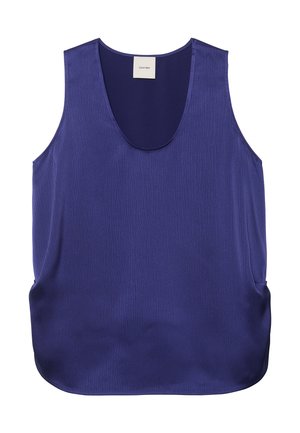 Blusa da donna senza maniche in blu scuro con scollo rotondo e etichetta Calvin Klein al centro sul retro del collo.