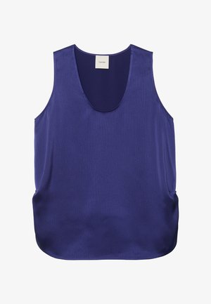 Ärmellose Damenbluse in Tiefblau mit Rundhalsausschnitt und Calvin Klein-Label in der Mitte des Rückenkragens.