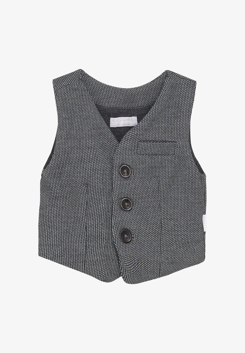 Szary, teksturowany kamizelka z dekoltem w kształcie litery V, trzema guzikami z przodu i małą kieszonką po lewej stronie. Wykonana z tkaniny plecionej.