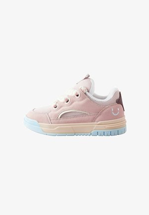 Light pink suede sneakers with mesh accents, white laces, and a blue rubber sole. Features a smiling face detail on the back.