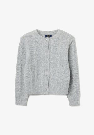 Lichtgrijze gebreide cardigan met een kabelpatroon, ronde halslijn en knoopsluiting aan de voorkant. Zachte textuur en ribbelboorden aan de mouwen en onderkant.