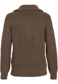 Pull en maille côtelée marron avec manches longues et petit col, vu de dos.