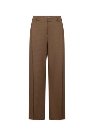 Brown wide-leg trousers with belt loops and a hidden front fastening, made from textured fabric.