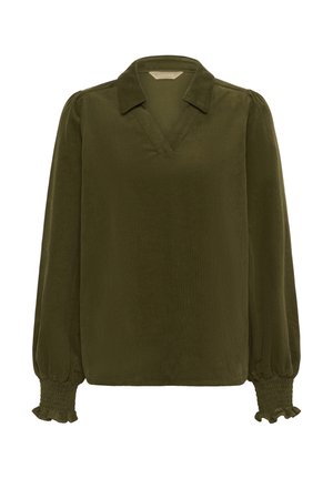 Olívazöld, hosszú ujjú blúz V-nyakkal, puffos ujjal és ráncolt fodros mandzsettával, puha, textúrált anyagból készült.