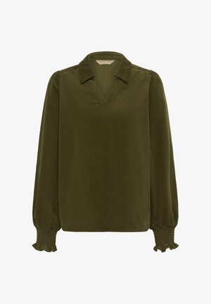 Blouse à manches longues vert olive avec col en V, manches bouffantes et poignets à volants smockés, fabriquée en tissu doux et texturé.