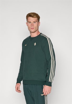Groene sweatshirt met crèmekleurige strepen op de mouwen, ronde halslijn en geborduurd logo op de borst. Zachte stof met een ontspannen pasvorm.
