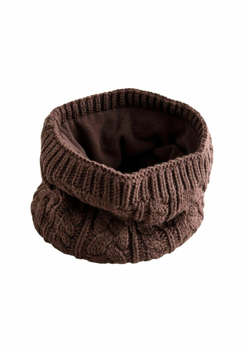Brauner gestrickter Halswärmer mit einem dicken Rippenrand und Kabelstrickmuster. Weiche Fleece-Innenseite, zylindrische Form für Komfort und Wärme.