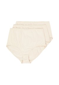 Beige hochgeschnittene Unterwäsche aus weichem Stoff, mit glatter Textur und einem kleinen Schleifenakzent am Bund. Drei Stück enthalten.