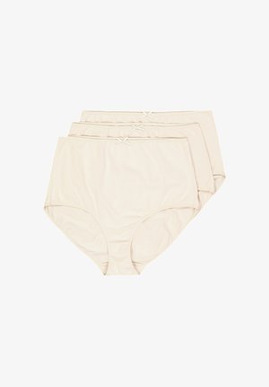 Beige hochgeschnittene Unterwäsche aus weichem Stoff, mit glatter Textur und einem kleinen Schleifenakzent am Bund. Drei Stück enthalten.