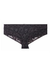 Culotte hipster en dentelle noire avec un motif floral et une texture transparente. Elle se caractérise par une taille lisse et un nœud décoratif central.