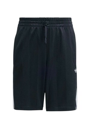 Pantaloncini sportivi neri con fascia elastica in vita e coulisse, con sottili righe verticali e un piccolo logo bianco Adidas sulla gamba destra.