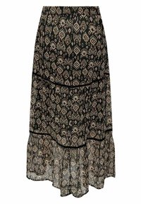 Jupe midi noire avec imprimé géométrique et floral beige, design en couches avec volants froncés et ceinture élastique.