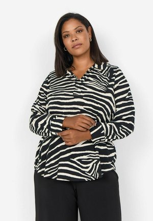 Black and white striped blouse with a collared neckline and long sleeves, featuring a loose fit and soft fabric texture.