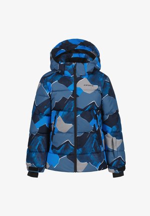 Veste rembourrée bleu et gris avec un motif géométrique, dotée d'une capuche, d'une fermeture éclair à l'avant et de poignets élastiques. Fabriquée en matériau léger.