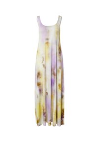 Lang, mouwloos jurkje van een zachte stof. Heeft een tie-dye patroon met lavendel-, geel- en bruine tinten. Vloeiende silhouet en ronde halslijn.