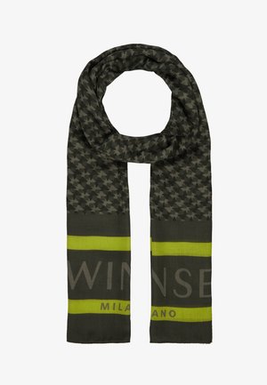 Écharpe gris foncé à motif pied-de-poule, rayures horizontales jaune-vert vif, avec le texte partiellement visible "WINSE MILANO" aux extrémités.