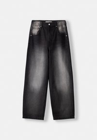 Černé široké džínové kalhoty s vybledlým povrchem, vybavené dvěma předními kapsami, zapínáním na knoflík a vysokým pasem.