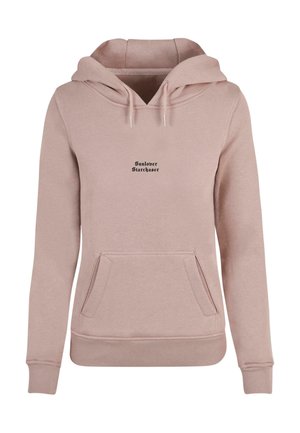 Roze katoenen hoodie met een voorkantzak, capuchon met koord en zwarte tekst "Sunlover Starchaser" op de borst. Zachte textuur, casual pasvorm.