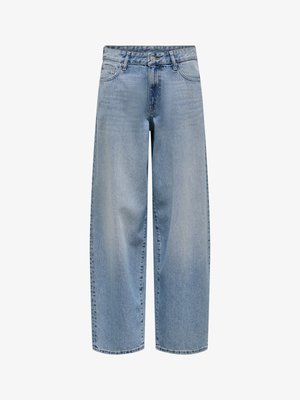 Gaiši zili platām kājām džinsi no džinsa auduma, ar pogu aizdari, piecām kabatām un taisnu griezumu ar nedaudz izbalējusi apdari.