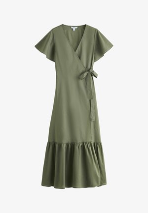 Olívazöld midi alakot formáló ruha rövid fodros ujjakkal, V-nyakkivágással, oldalt megkötős derékkal és fodros szegéllyel.