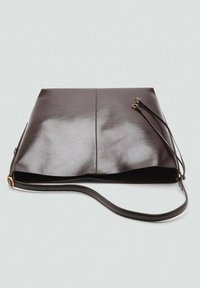 Dark brown leather shoulder bag with long adjustable strap and gold-tone hardware, displayed flat on a light background.