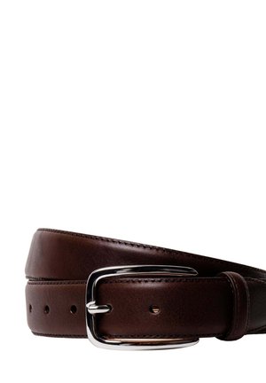 Brown leather belt coiled with silver metal buckle, showing five adjustment holes against a white background.