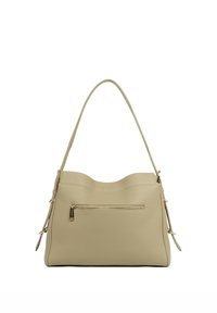 Borsa a tracolla in pelle beige con parte superiore curva, tasca frontale con cerniera e una singola tracolla. Superficie strutturata con dettagli in metallo color oro.