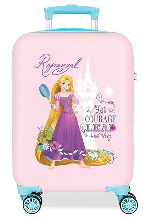 Maleta rosa con ilustración de Rapunzel sosteniendo una sartén, cabello largo y dorado, flores, camaleón, silueta de castillo y texto "Deja que el coraje guíe el camino."