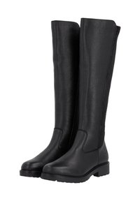 Kniehoge zwarte leren laarzen met een gestructureerde afwerking, zij-elastische panelen, ronde neus en een duurzame rubberen zool voor grip.