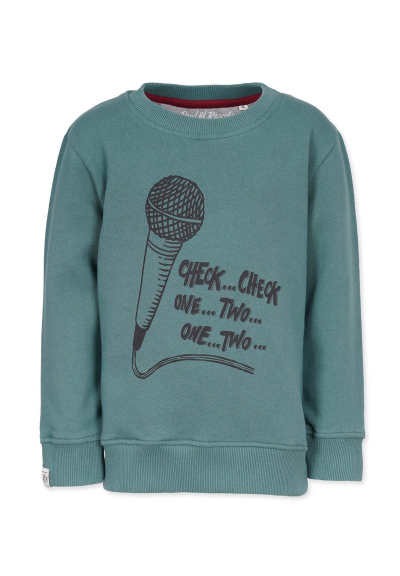 Turquoise sweatshirt featuring a black microphone graphic with text "CHECK... CHECK ONE... TWO... ONE... TWO..." on the front. Soft cotton material.