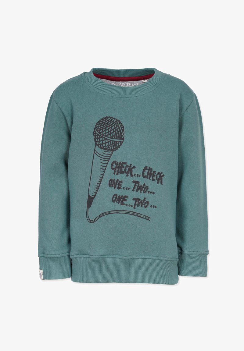 Turquoise sweatshirt featuring a black microphone graphic with text "CHECK... CHECK ONE... TWO... ONE... TWO..." on the front. Soft cotton material.