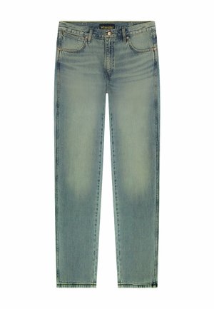 Hellblaue Wrangler-Jeans mit geradem Bein, vorderem Knopfverschluss und Fünf-Taschen-Design.