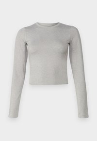 Light gray long-sleeve top, made of a soft, stretchy fabric. Features a rounded neckline and a cropped hem. Simple, seamless design.