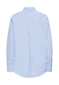 Striped shirt in light blue and white cotton with a button-down collar, long sleeves, and rounded hem. Features small buttons on cuff.