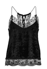 Černý top na ramínka s krajkovými akcenty, jemnými ramínky, sametovou texturou a vlnitým krajkovým lemem. Elegantní a lehký design.