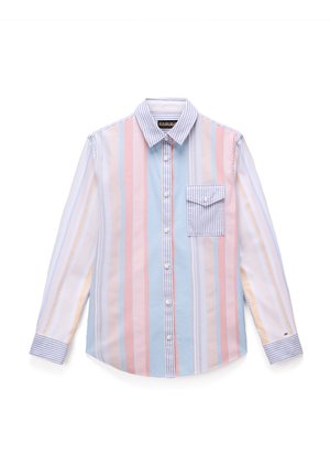 Chemise en coton légère avec des rayures verticales aux couleurs pastel, dotée d'une poche à rabat et d'un poignet rayé contrastant. Col boutonnière.